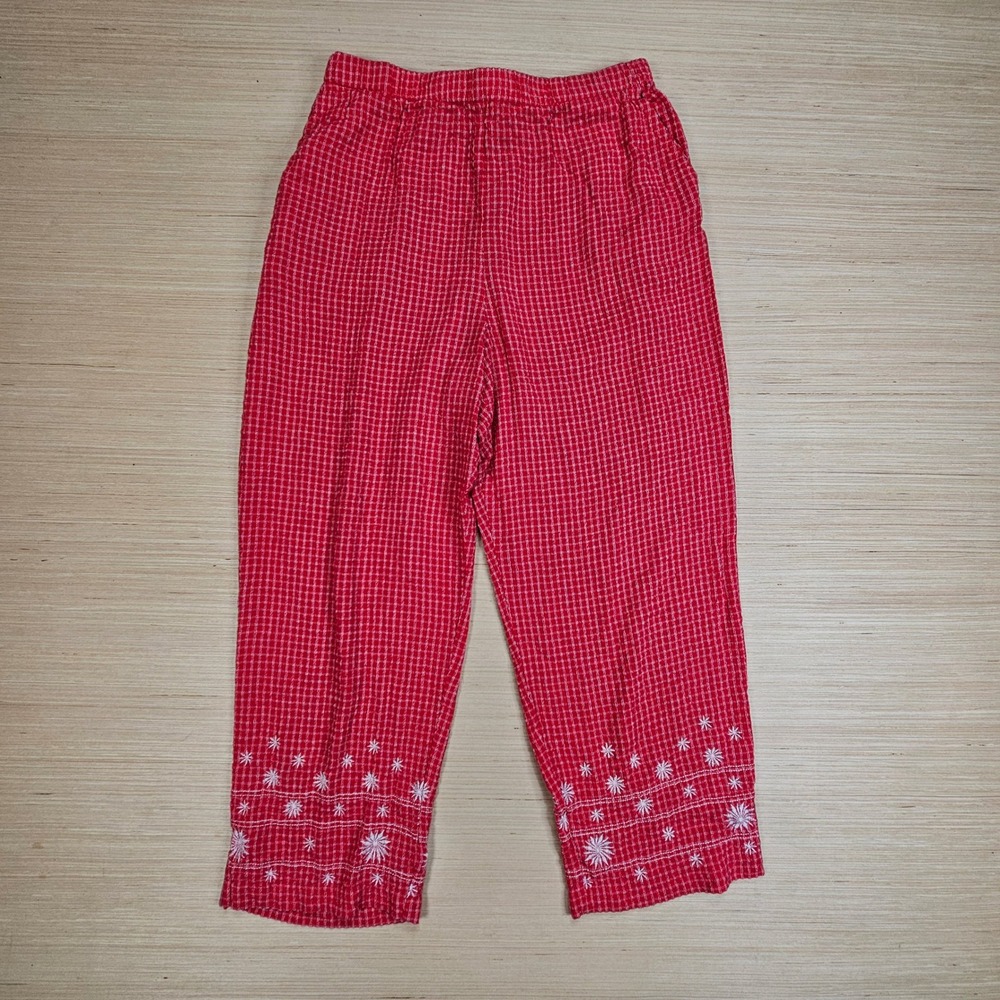 Sag Harbor Pants Women S Red Gingham Embroidered Star Elastic Casual Cottagecore